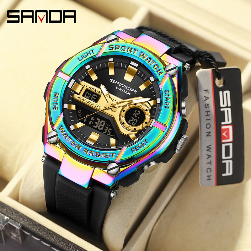 SANDA 3302 Fashion LED Dual Display Men's Digital Electronic Watch Shock resistant and Waterproof Sports Men's Electronic Watch