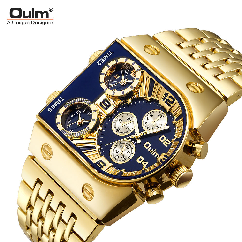 Fashion Oulm Top Brand Multi Time Zone Large Dial Luminous Men's Full Stainless Steel Leisure Cross-border Quartz Gold Watch