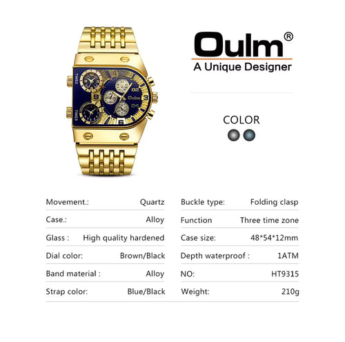 Fashion Oulm Top Brand Multi Time Zone Large Dial Luminous Men's Full Stainless Steel Leisure Cross-border Quartz Gold Watch