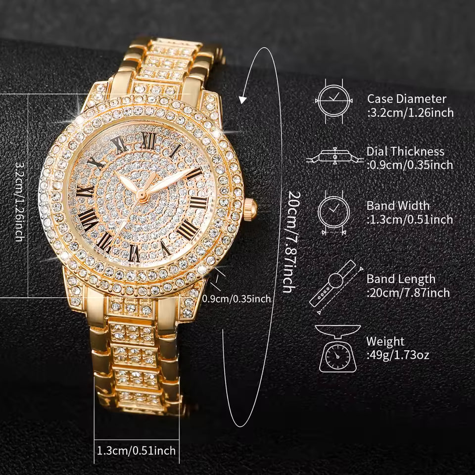 Women's Watch Fashion Full Diamond Roman Dial Steel Band Quartz Watch（Without Box)