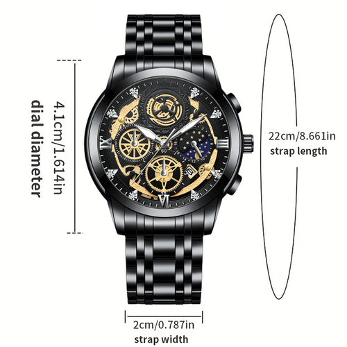 BINBOND Men's Fashion Quartz Watch With A Black Stainless Steel Waterproof