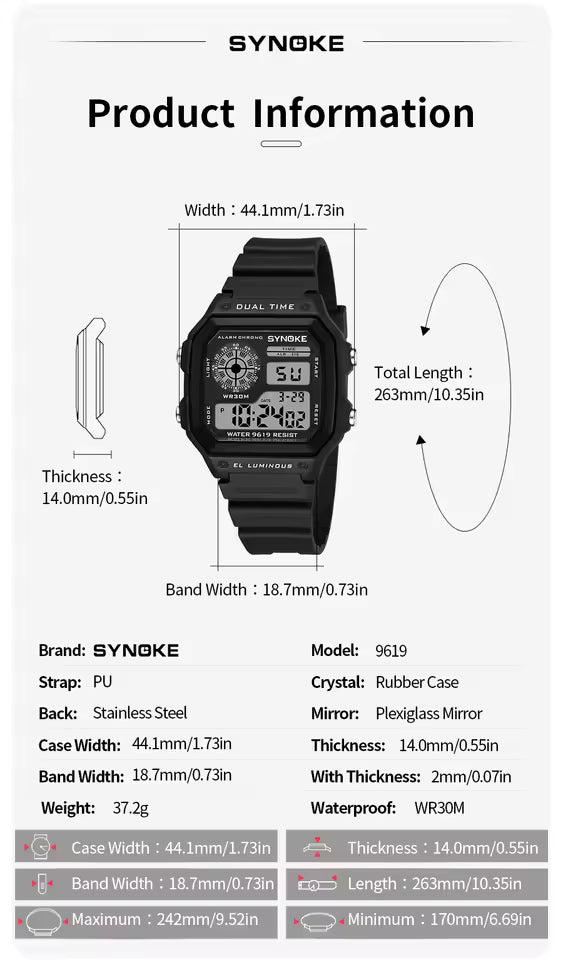 SYNOKE Digital Watch Men's Sports Luminous Chronograph Waterproof Male Electronic Wrist Watches Relogio Masculino