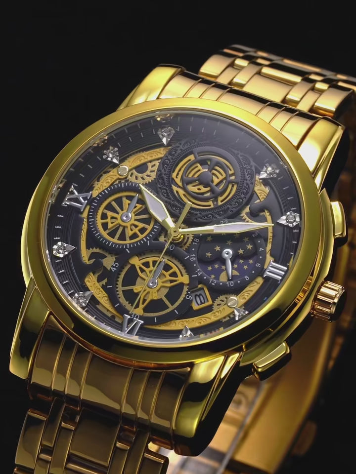 BINBOND Men's Fashion Quartz Watch With A Black Stainless Steel Waterproof